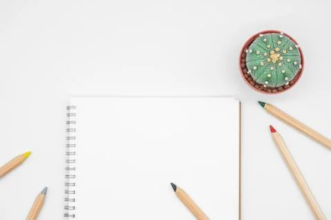 Office table with cactus, notebook and pencil, top view, flat lay with white  Stock Photos