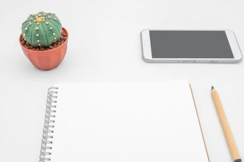 Office table with cactus, smartphone, notebook and pencil, top view, flat lay Stock Photos