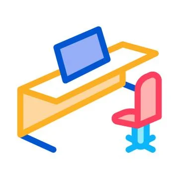 Office table chair and computer icon vector outline illustration Stock Illustration
