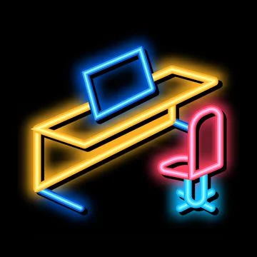 Office table chair and computer neon glow icon illustration 스톡 일러스트