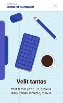 Office table coffee cup keyboard mouse workplace concept top angle view flat Stock Illustration