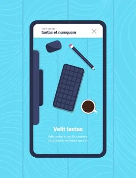 Office table coffee cup keyboard mouse mobile app workplace concept top angle Stockillustratie