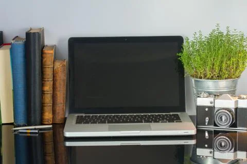 Office table with computer and supplies Stock Photos