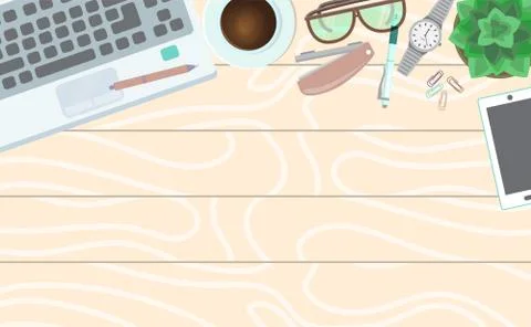 Office table concept banner vector illustration. Top view of modern and stylish Ilustração Stock