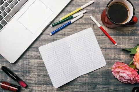 Office table desk, Flat lay Foto stock