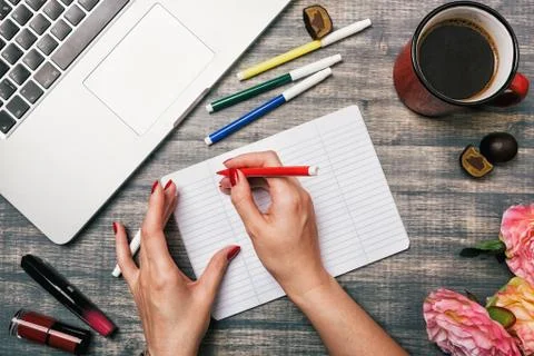 Office table desk, Flat lay Stock Photos