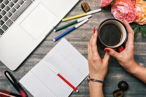 Office table desk, Flat lay Stock Photos