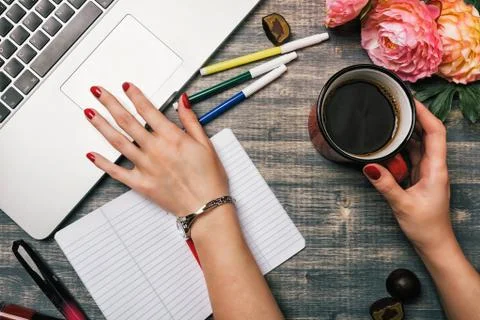 Office table desk, Flat lay Stock Photos