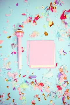 Office table desk with supplies, note pad, pen, glasses, paper Stock Photos
