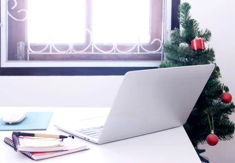 Office table desk. workspace with notebook and mouse on copy space Stock Photos