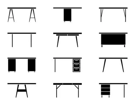 Office table front view icon set Illustrazione stock