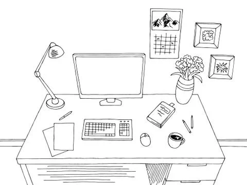 Office table graphic black white interior sketch illustration vector イラスト素材
