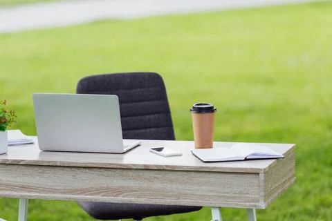 Office table laptop coffee notebook Stock Photos