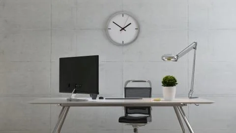 Office table mock up with plant, pc screen with concrete wall 3D rendering Stock Illustration