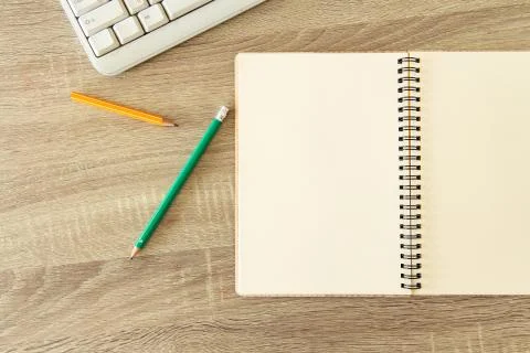 Office table notebook pencil pattern with empty copy space for your text pape Stock Photos