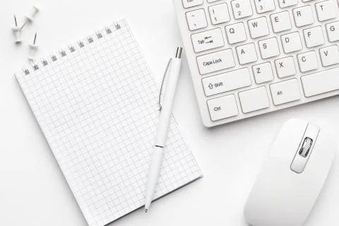 Office table with notepad and computer Stock Photos
