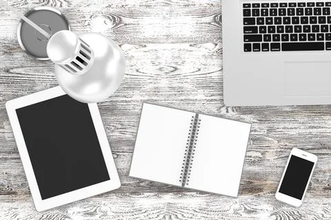 Office table with notepad, computer - workplace, top view 写真素材