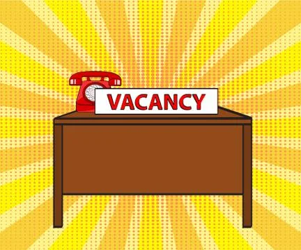 Office table, red old phone and card with word vacancy on stripped and dot ba Illustrazione stock