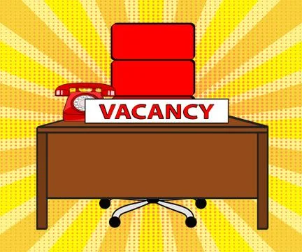 Office table, red old phone and card with word vacancy on stripped and dot ba Stock Illustration