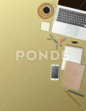 Office table top view. Vector background. Workspace desktop computer ...