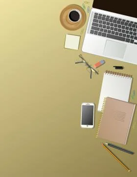 Office table top view. Vector background. Workspace desktop computer.  Worksp Illustrazione stock