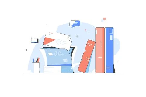 Office table, workplace pile of paper documents, file folders, business working Stock Illustration