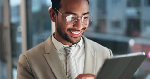Office tablet, face and happy man typing, scroll or check research data Stock Footage 247352828