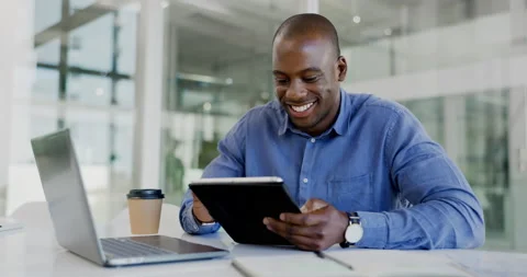 Office tablet, reading and happy black man review of data analysis, social media Stock Footage 236178699