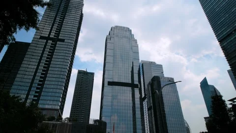 Office tall building. Low angle view of skyscrapers office building in cent.. Stock Footage 281579174
