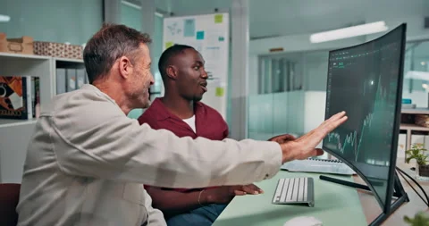 Office, team and trading advice on computer screen for market shift, explain Stock Footage 341461909