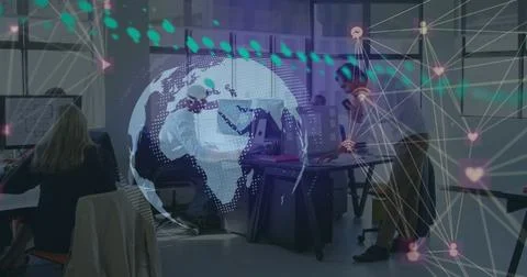 Office team collaborating on global network project with digital world map Stock Photos