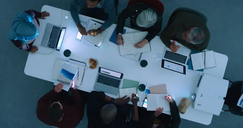 Office team planning a strategy and working at night with teamwork, commitment Stock Footage 225664980