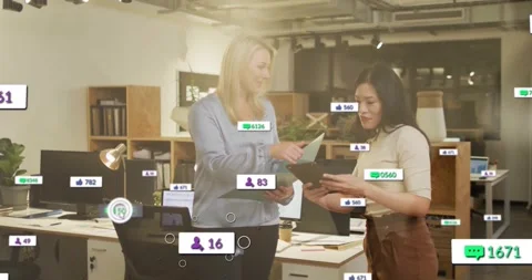 Office team tapping tablet and pointing at folder, analyzing animated marketing Stock Footage 329771054