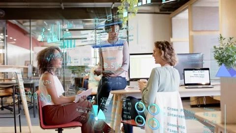 Office team of three lead raising tablet presenting finance graphs for review Stock Footage 333233351