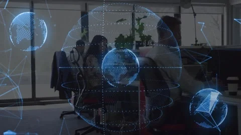 Office team typing upon input as 3D globe materializing with orbiting data nodes Stock Footage 330061989