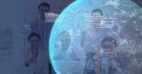 Office team working and giving thumbs-up while translucent globe fading in, Stock Footage 312082774