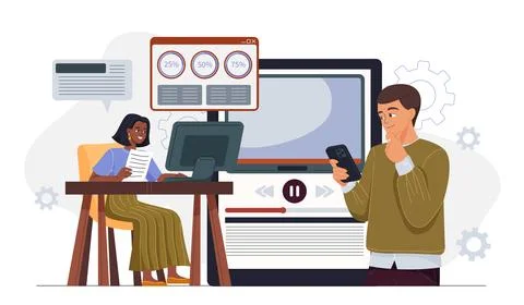 Office teamwork and data analysis scene. Vector illustration Illustrazione stock