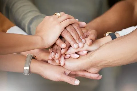 Office, teamwork and hands in huddle together for team building, collaboration Fotos de archivo