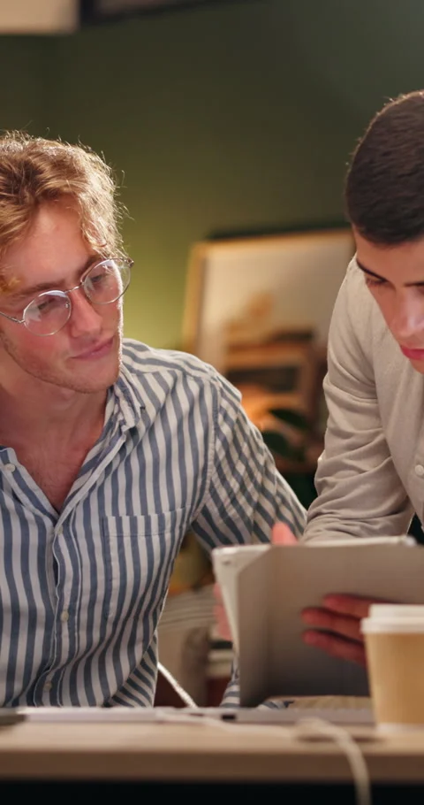Office, teamwork and men with tablet, advice and creative for design project, Stock Footage 327713948