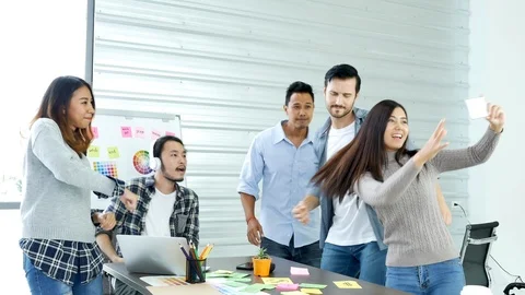Office teamwork celebration working happiness Happy business people dance expres 库存影片 124296747