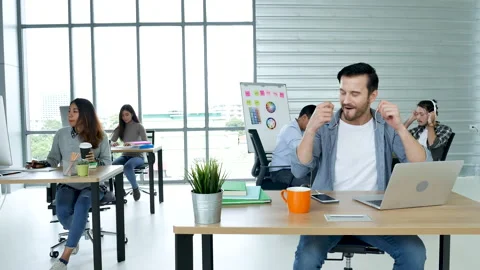 Office teamwork celebration working happiness Happy business people dance expres Stock Footage 156648878