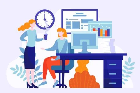 Office teamwork with computer graphs. Vector illustration Illustrazione stock