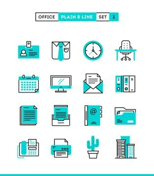 Office things, plain and line icons set, flat design Stock Illustration