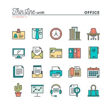 Office things, thin line color icons set Stock Illustration