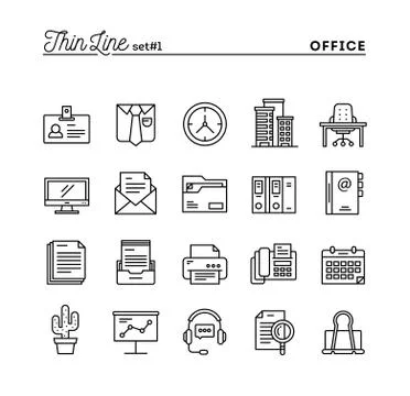 Office things, thin line icons set Stock Illustration