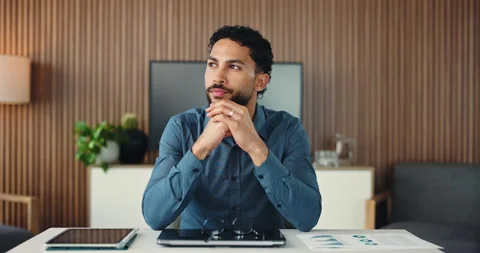 Office, thinking and man with reflection for business plan, graphs or Stock Footage 326398554