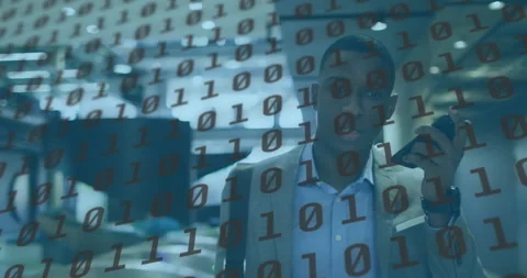 In office, thoughtful man with binary code overlay, creating digital animation Stock Footage 306218246