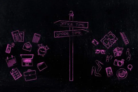 Office time or spare time road sign with work and personal objects Ilustración de archivo