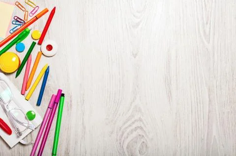 Office tools assortment border background on white table Stock Photos