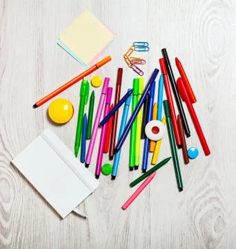 Office tools assortment on white table Stock Photos